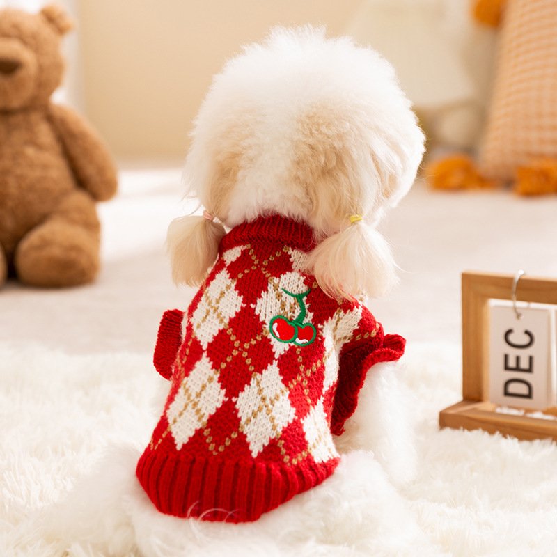 主图_2 Festive Dog Sweater with Rhombus Embroidery & Cherry Pattern for Halloween & Christmas, Pet Apparel for Small Dog Breeds - Image 1