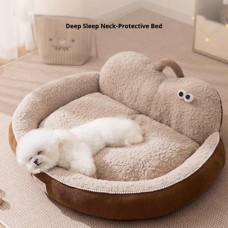 主图_01。0.jpg Winter Warm Pet Bed with Neck Support Pillow, Tall & Thick Big-Eye Cute Pet Nest for Dogs & Cats, Washable Pet Mat for Cold Weather - Image 1