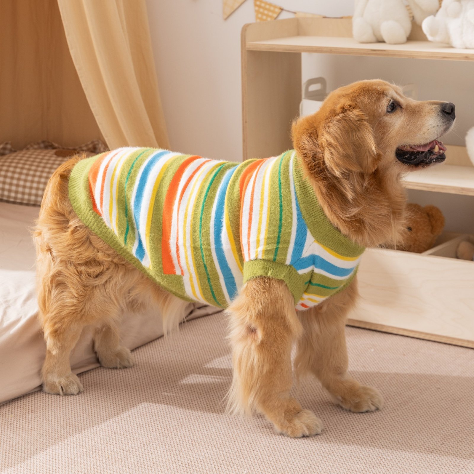 主图_1 Autumn & Winter Minimalist Style Versatile Striped Knit 2-Legged Sleeveless Dog Sweater for Large Dogs - Image 1