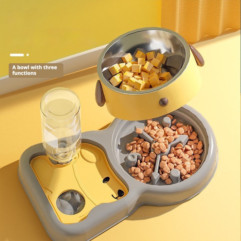 主图_1。0 2-in-1 Cat & Dog Double Bowl with Automatic Water Dispenser, Anti-Spill Slow Feeder Food & Water Bowl Combo - Image 1